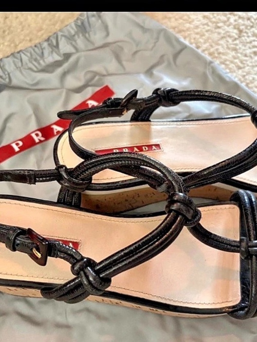 Prada Black Leather Cork Wedge Platform Sandals
